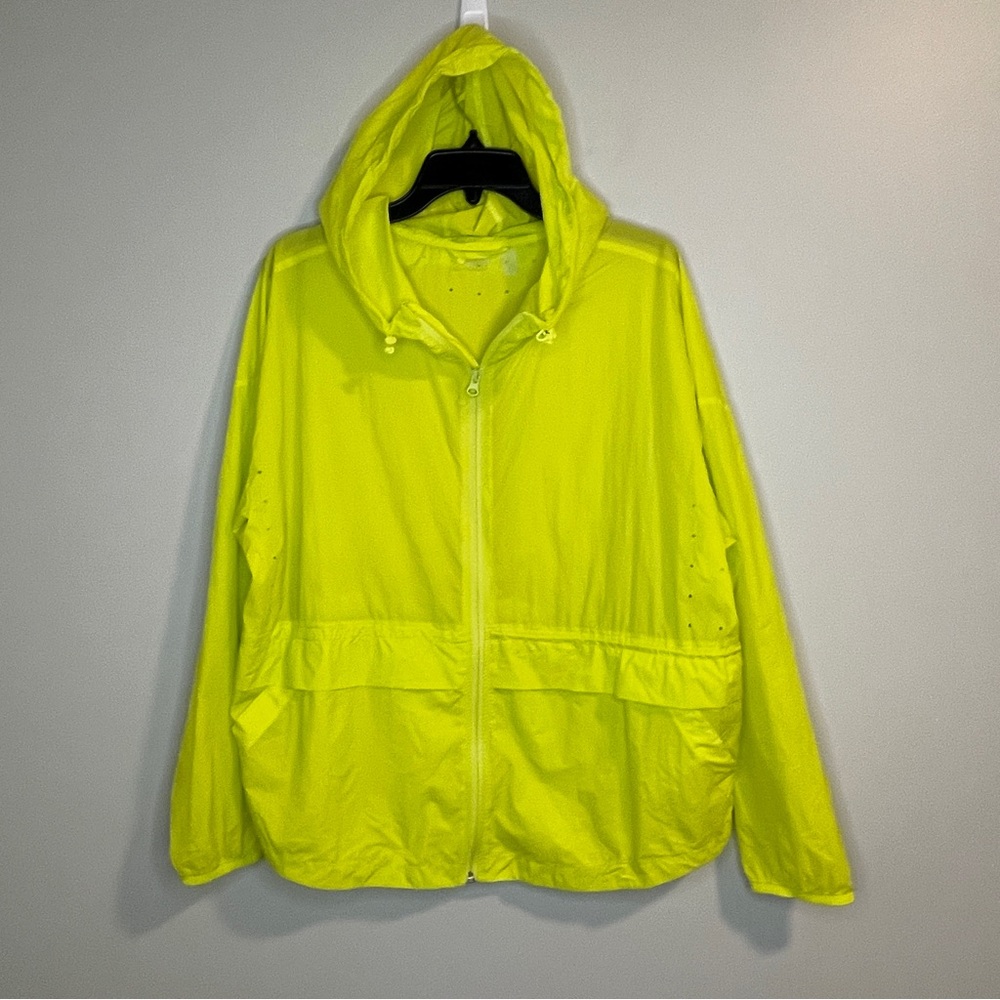 Zella Sheer Water Resistant Packable Zip-Up Hooded Jacket Chartreuse Yellow L